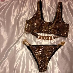 Unique snake print golden link chain bikini